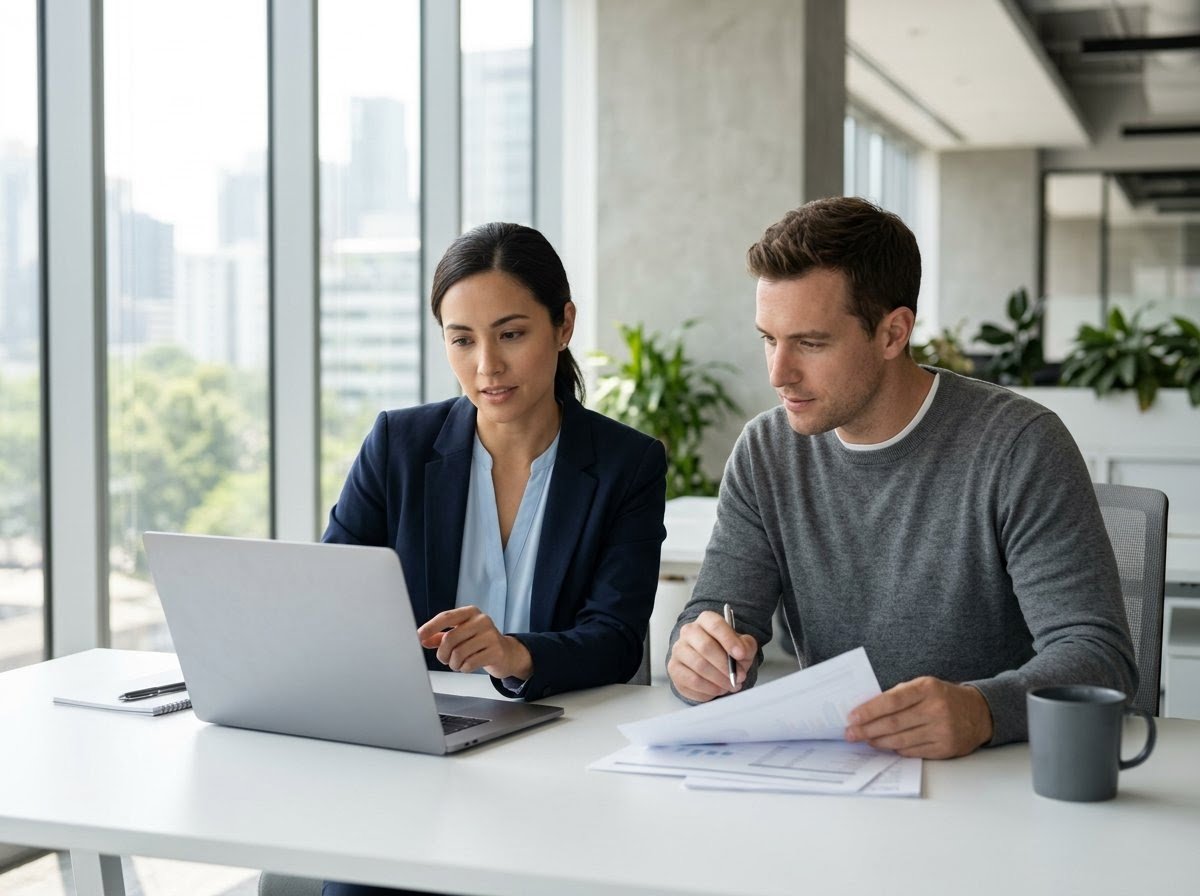 Dos profesionales revisando gráficos de mercado en una oficina luminosa